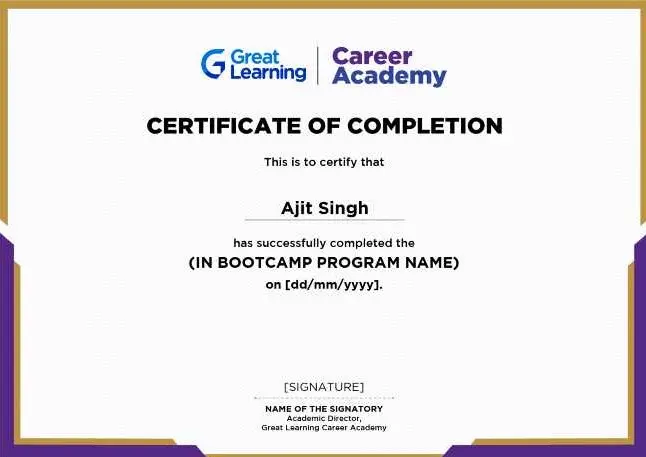 Great Learning Certificate Sample for Bootcamp
